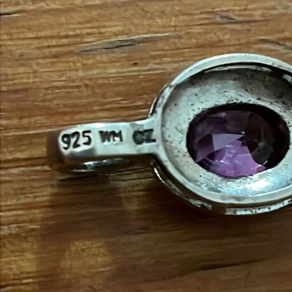 Sterling Silver Amethyst Tear Drop Pendant Marked 925 WM CZ
